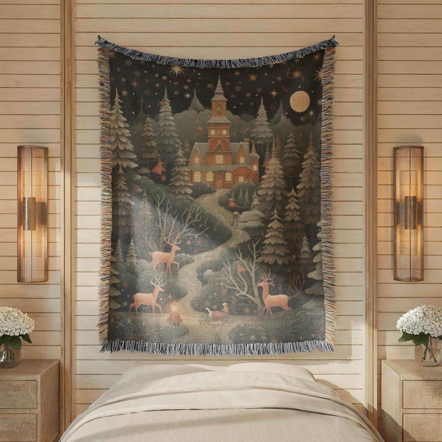 Festive Woven Blanket – Christmas Tree Tapestry With Reindeer & Magical Castle Throw - timelessbohochic.com