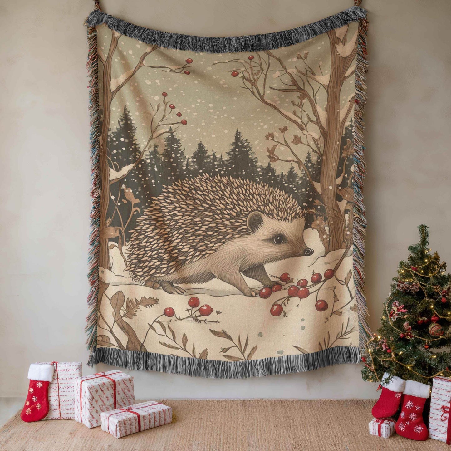 Hedgehog Wall Decor - Cozy Cotton Blanket With Woodland Creature Tapestry - timelessbohochic.com