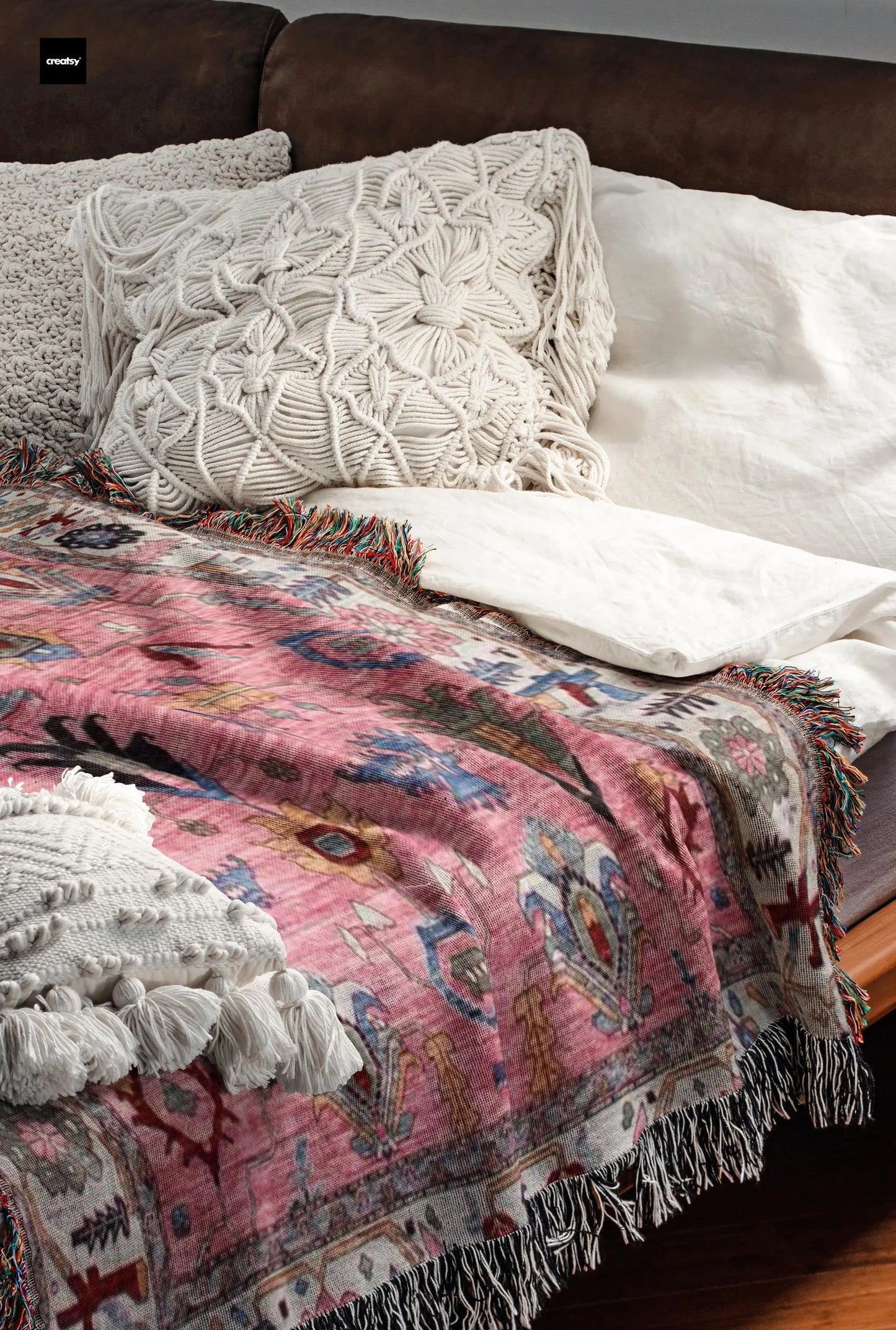 Turkish Woven Blanket – Soft Cotton Throw with Colorful Fringed Edges | Boho Bedspread