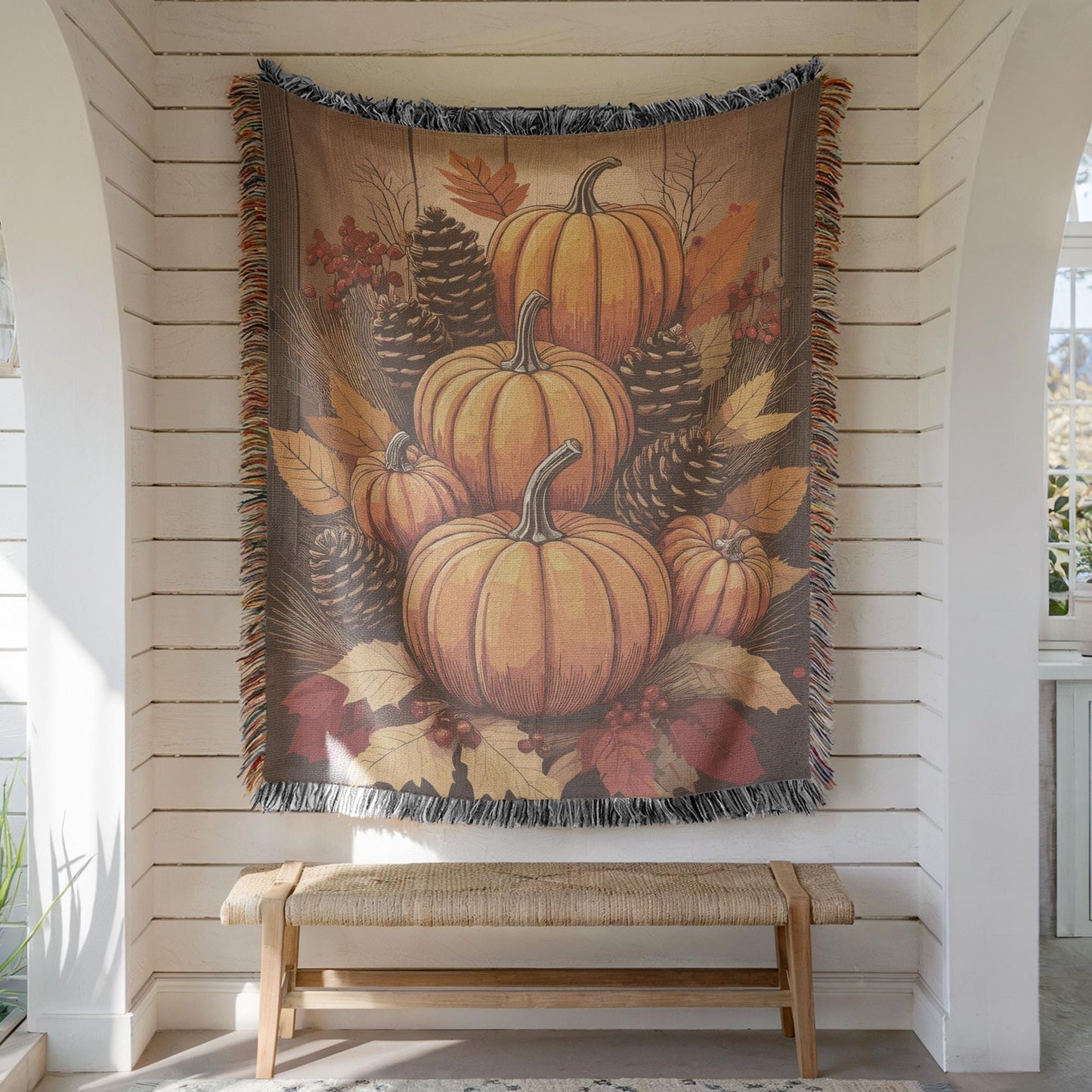 Fall Decor Thanksgiving Art Tapestry with Pumpkins Wall Hanging, Autumn Harvest Season Gift Fall Textile Wall Art for Home Decor & Fireplace