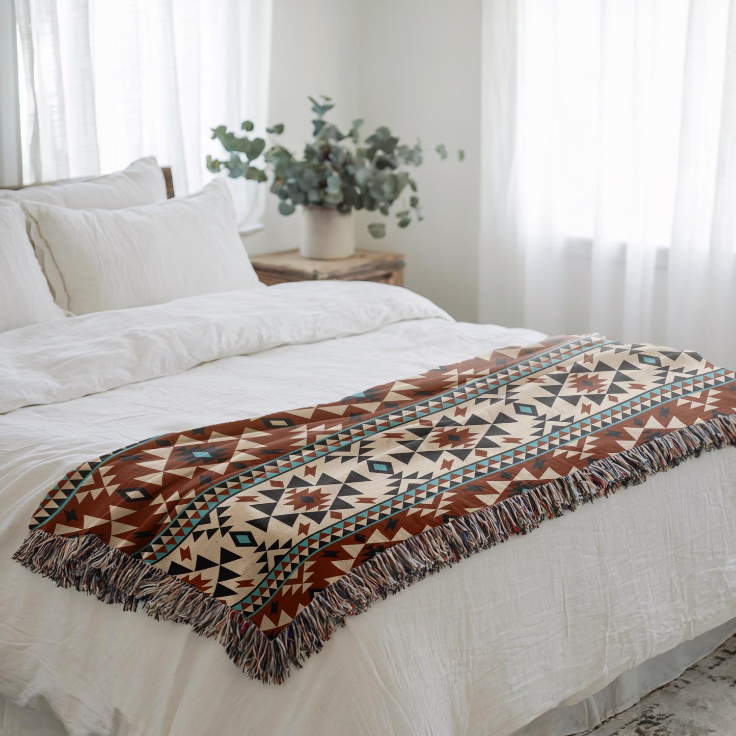 Ikat Throw Blanket – Southwestern Pattern, Cotton Fringed Edge Blanket, Cozy Home Decor