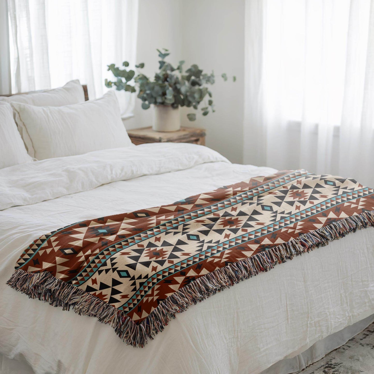 Ikat Throw Blanket – Southwestern Pattern, Cotton Fringed Edge Blanket, Cozy Home Decor - timelessbohochic.com