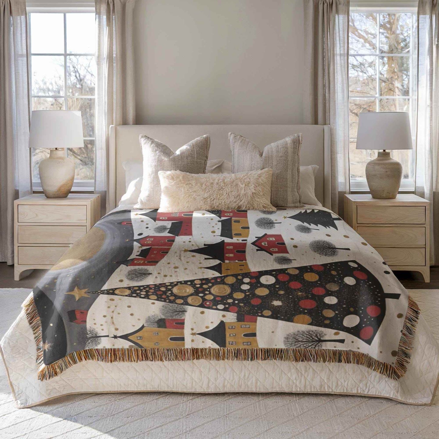 Christmas Village Throw – Cozy Cotton Holiday Bedding With Festive Folk Art Blanket - timelessbohochic.com