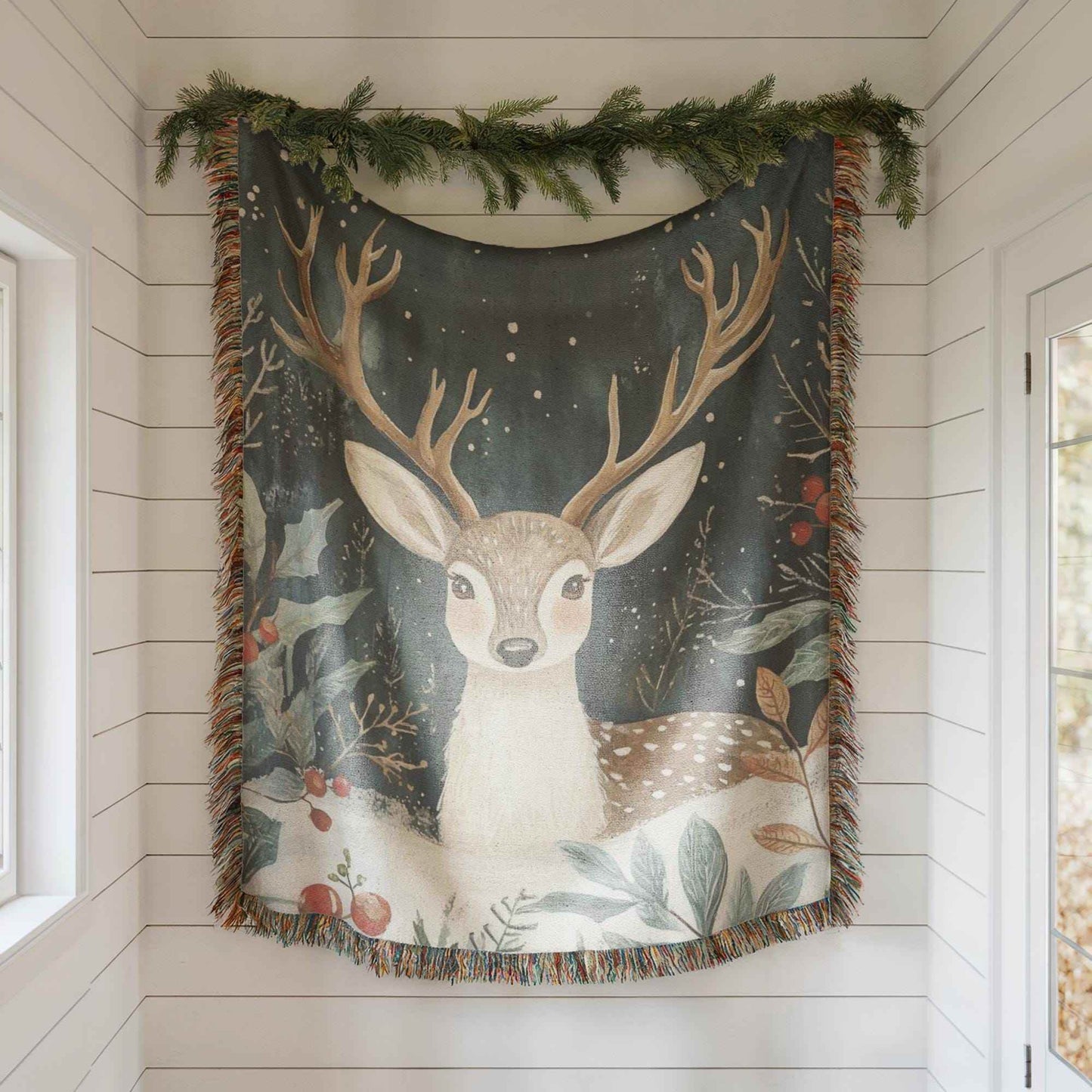 Christmas Tapestry Wall Hanging – Festive Woodland Animal Textile Art with Bambi and Holly - timelessbohochic.com