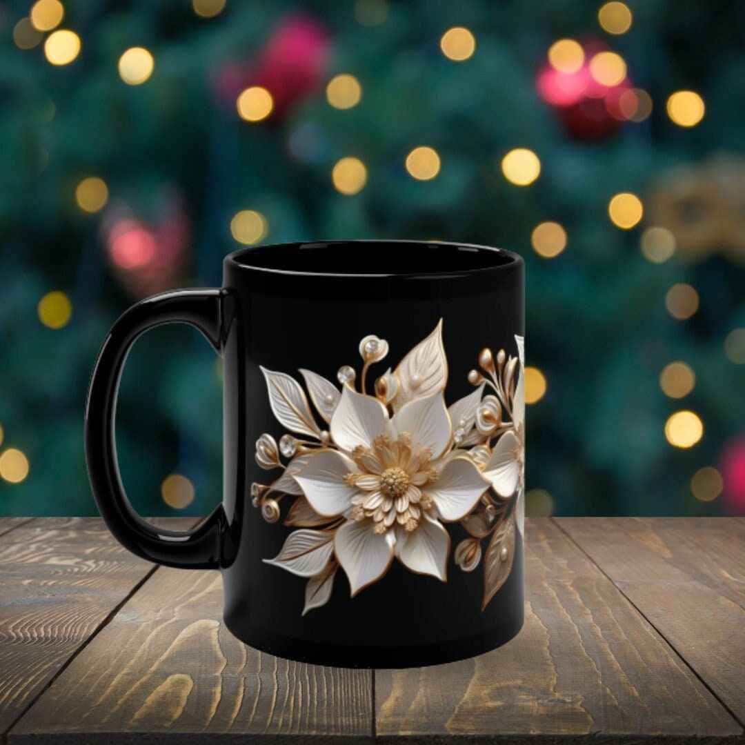 Christmas Tea Cup - Black Ceramic Mug with Retro Poinsettia Design | Microwave Safe - timelessbohochic.com