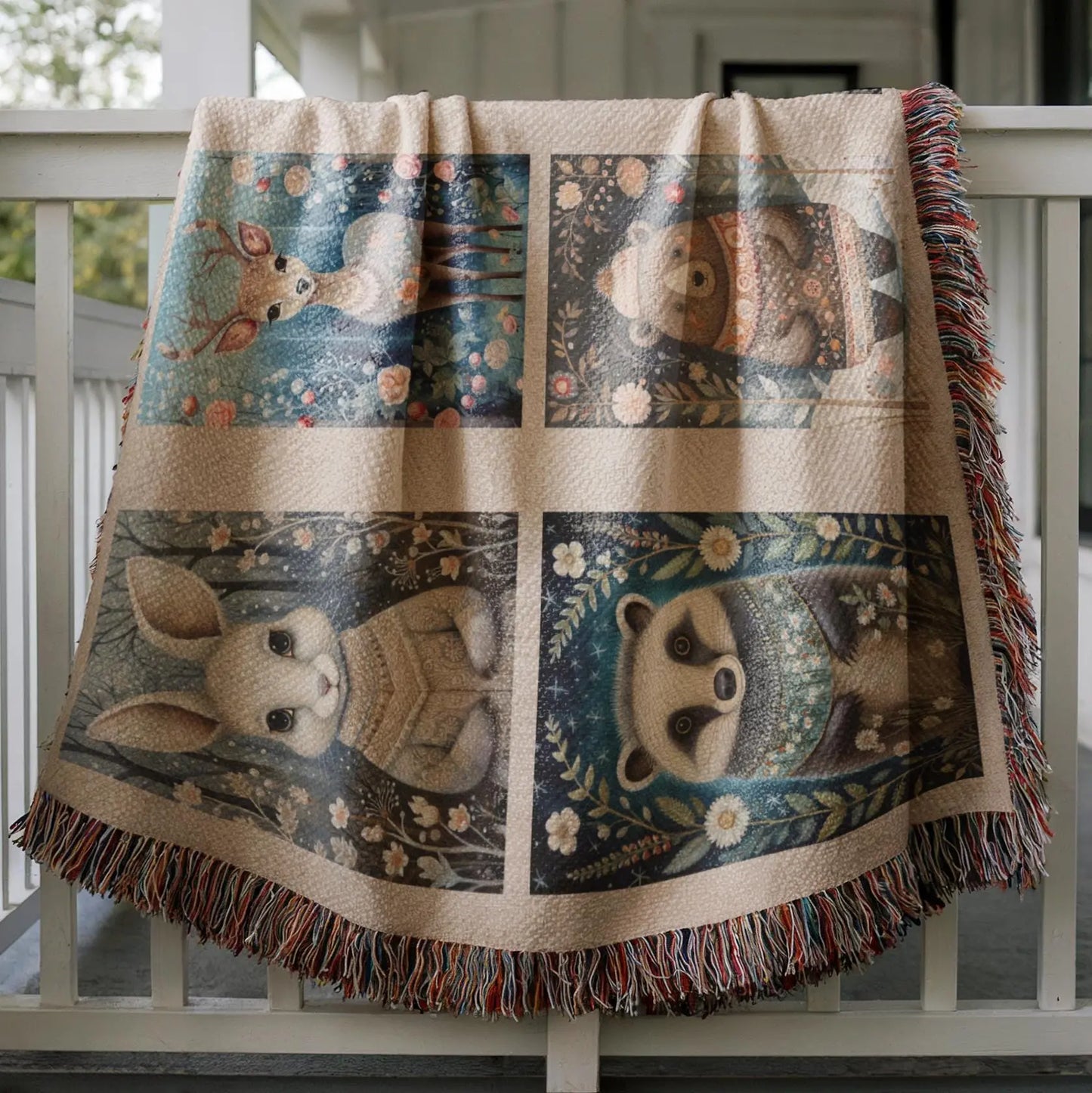Cotton Woven Quilt – Woodland Animal Throw | Scandi Forest Decor Blanket