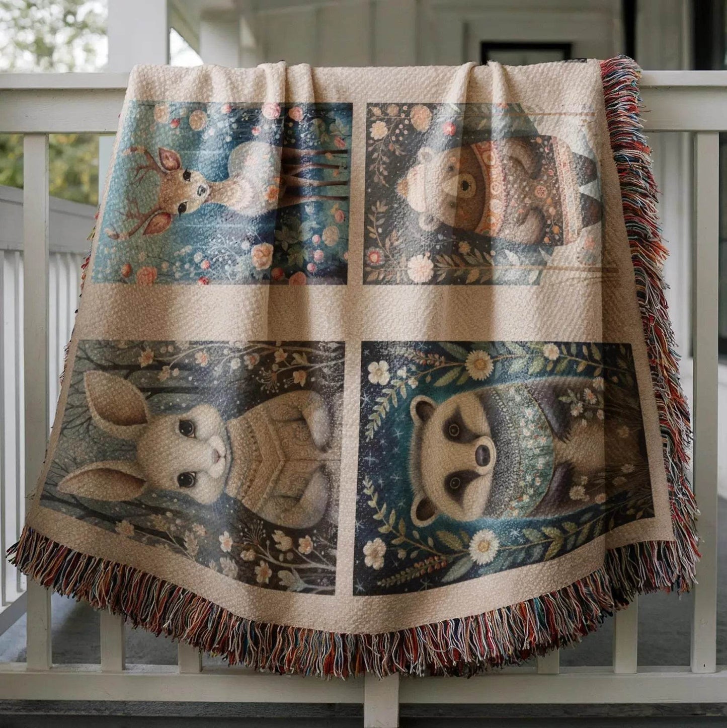Cotton Woven Woodland Animal Throw Blanket – Scandi Forest Decor Quilt - timelessbohochic.com