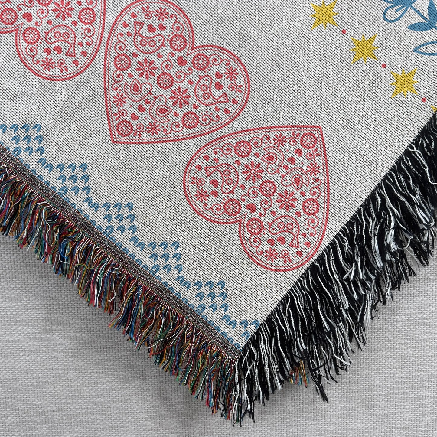 Cotton Woven Blanket – Swedish Scandi Heart Throw with Nordic Star Design