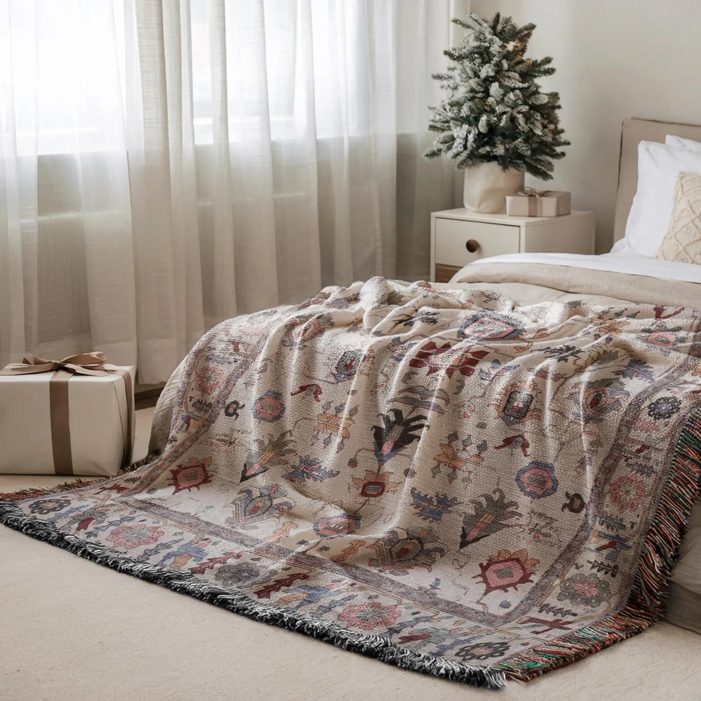 Anatolian Woven Blanket - Ethnic Tapestry Throw With Colorful Fringed Edges