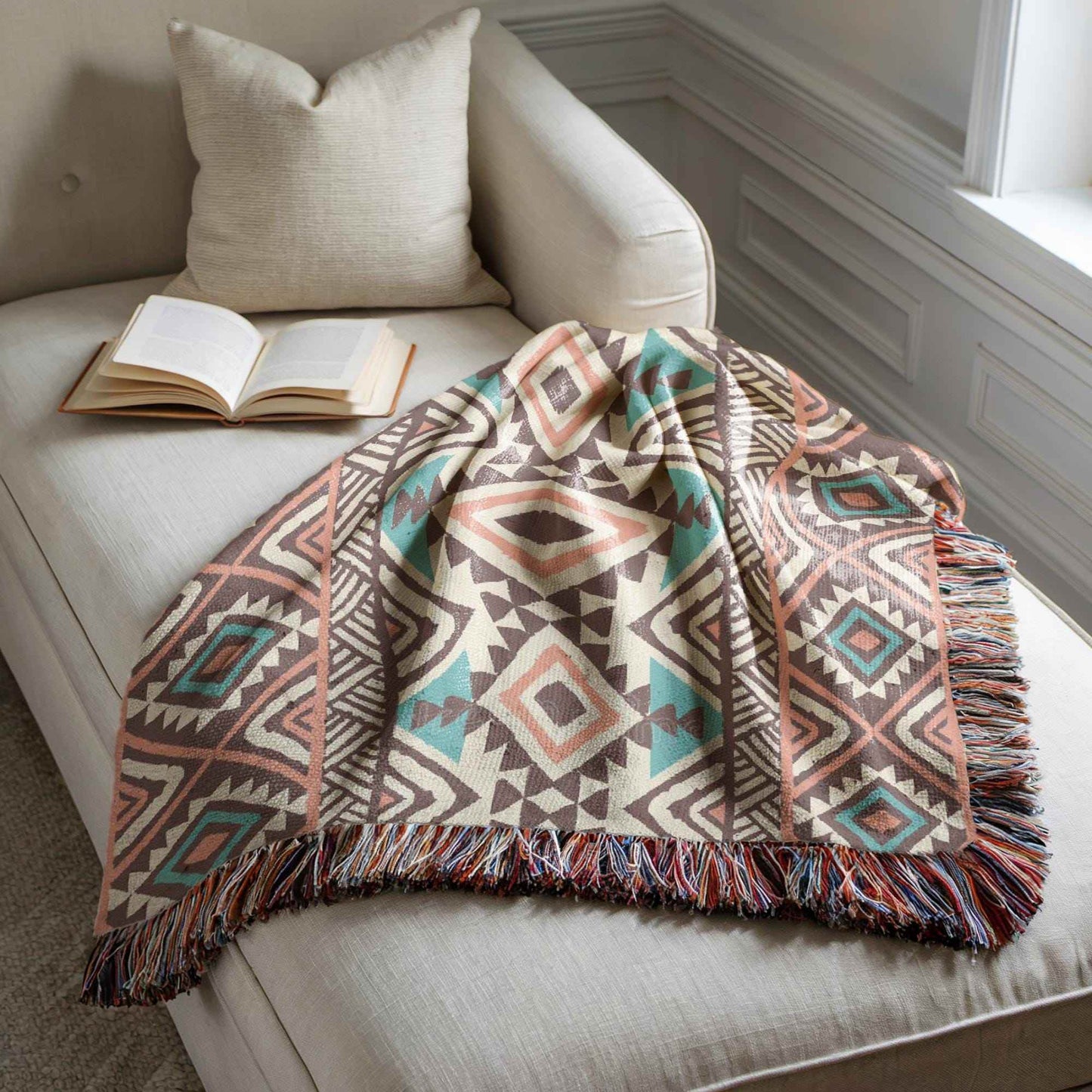 Tribal Throw Blanket – Navajo Blanket Woven Tapestry With Geometric Pattern - timelessbohochic.com