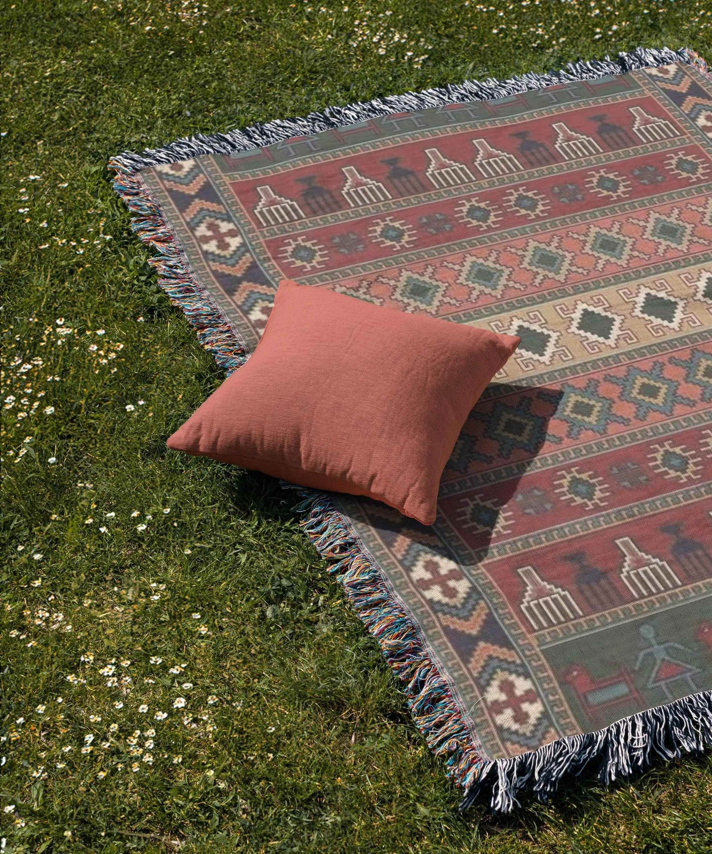 Woven Kilim Blanket - Colorful Fringed Edges Boho Throw - timelessbohochic.com