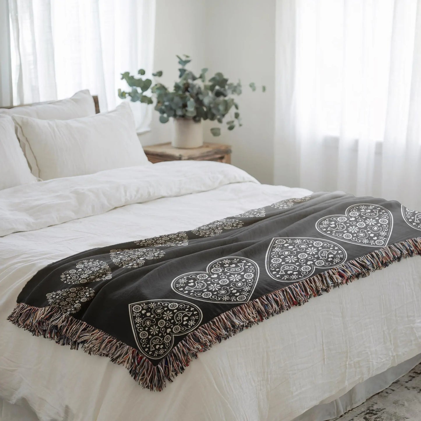 Cotton Woven Blanket – Scandinavian Throw With Scandi Hearts Pattern & Fringed Edges
