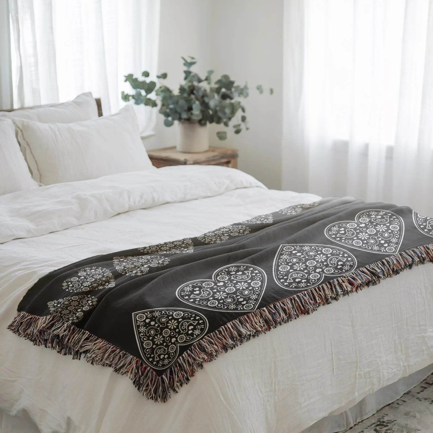 Cotton Woven Blanket – Scandinavian Throw With Scandi Hearts Pattern & Fringed Edges - timelessbohochic.com