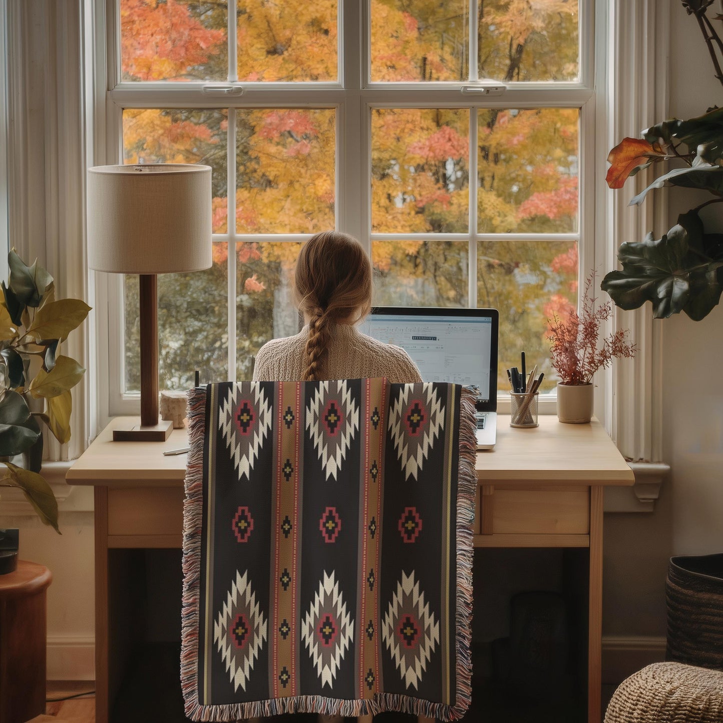 A person is sitting at a desk, working on a laptop, with a colorful patterned blanket draped over the back of the chair. The desk is positioned near a window, offering a view of trees with autumn foliage outside.