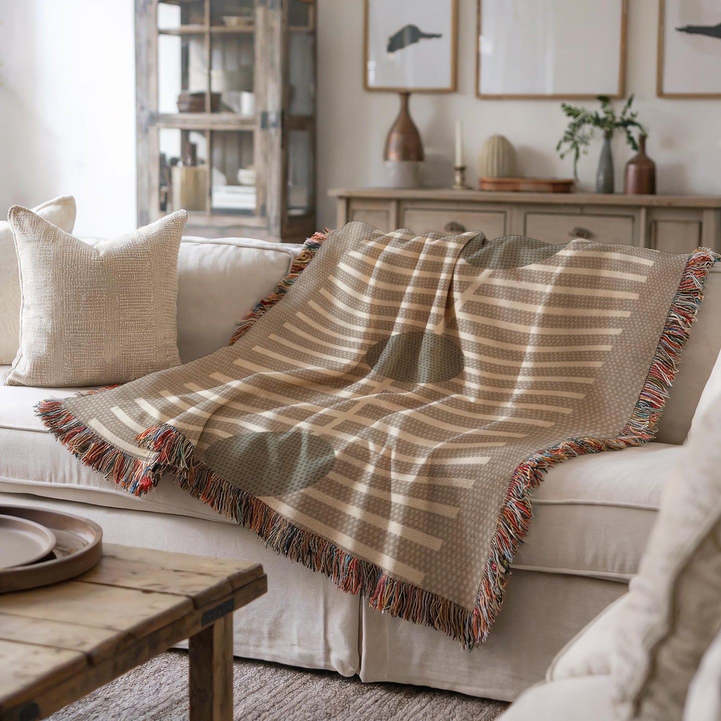 Olive Green Woven Throw - Cozy Blanket With Geometric Lines, Warm Cotton