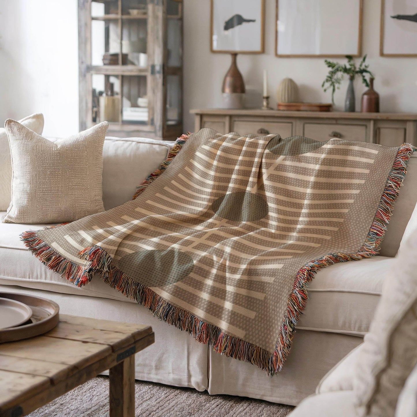 Olive Green Woven Throw Blanket - Cozy Cotton Blanket with Geometric Lines - timelessbohochic.com