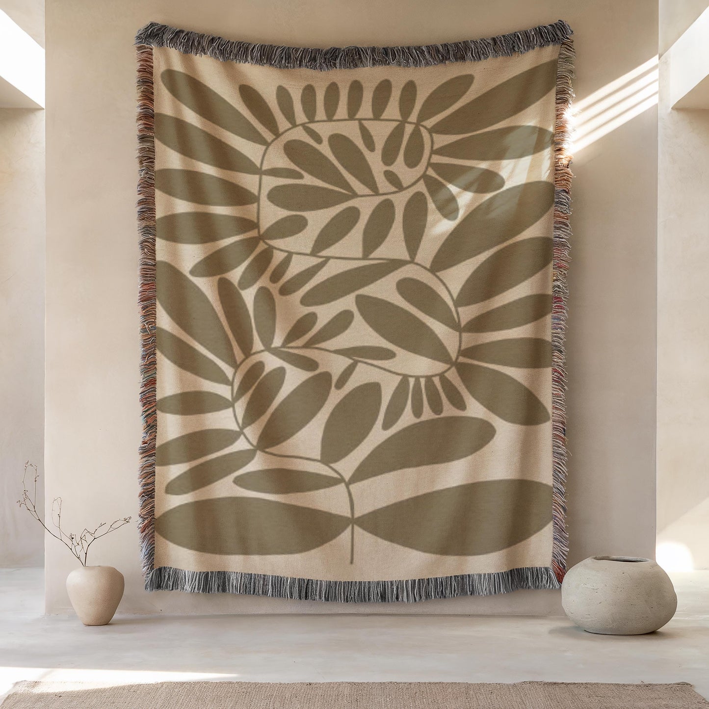 Mid Century Modern Tapestry – Scandi Woven Wall Hanging With Leaves Pattern