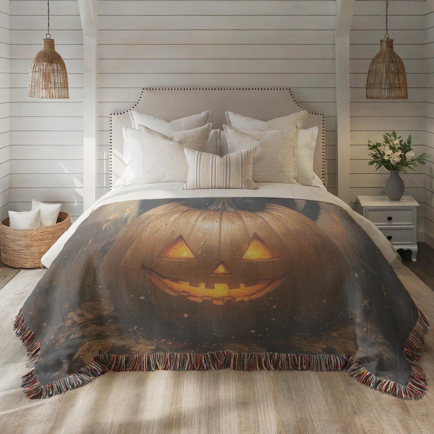Halloween Cat Blanket – Cozy Woven Throw With Black Cat Pumpkin Design