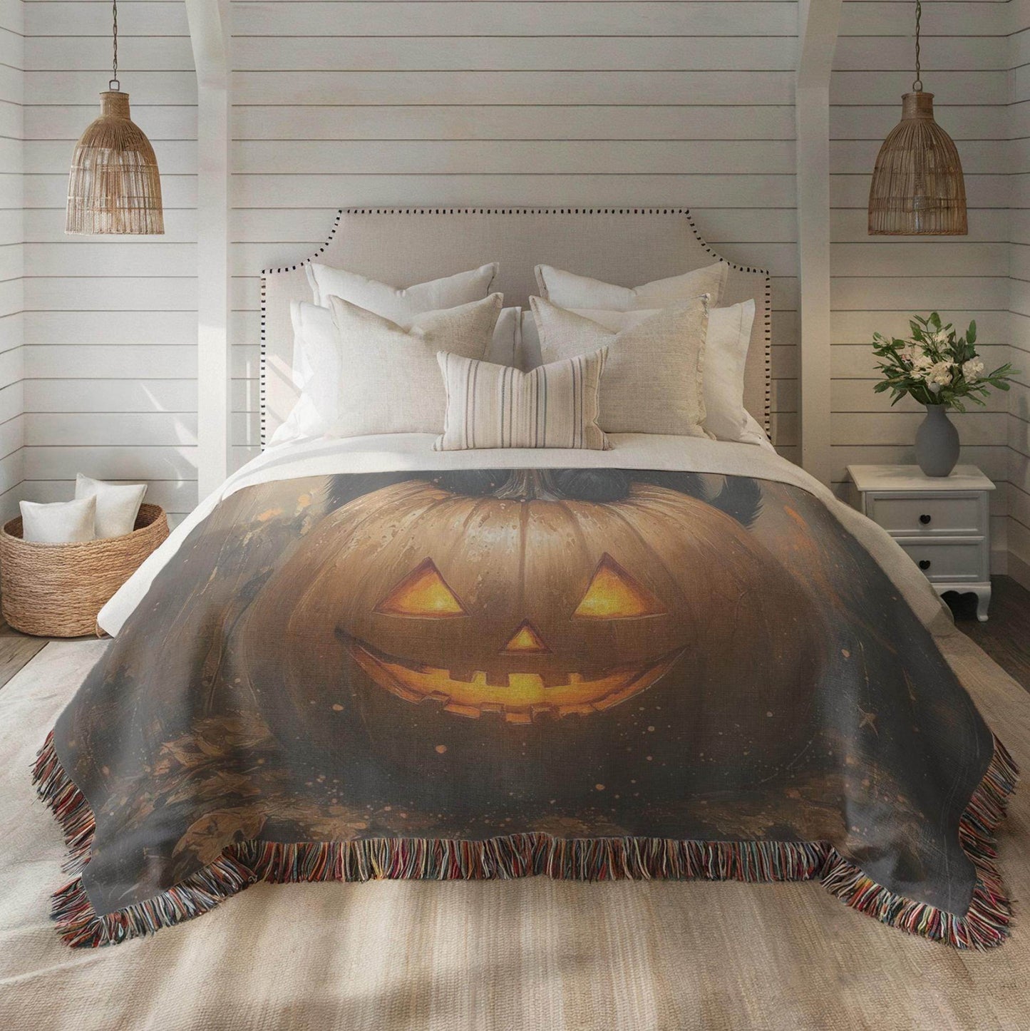 Halloween Cat Blanket - Cozy Cotton Woven Blanket with Black Cat Pumpkin Design - timelessbohochic.com