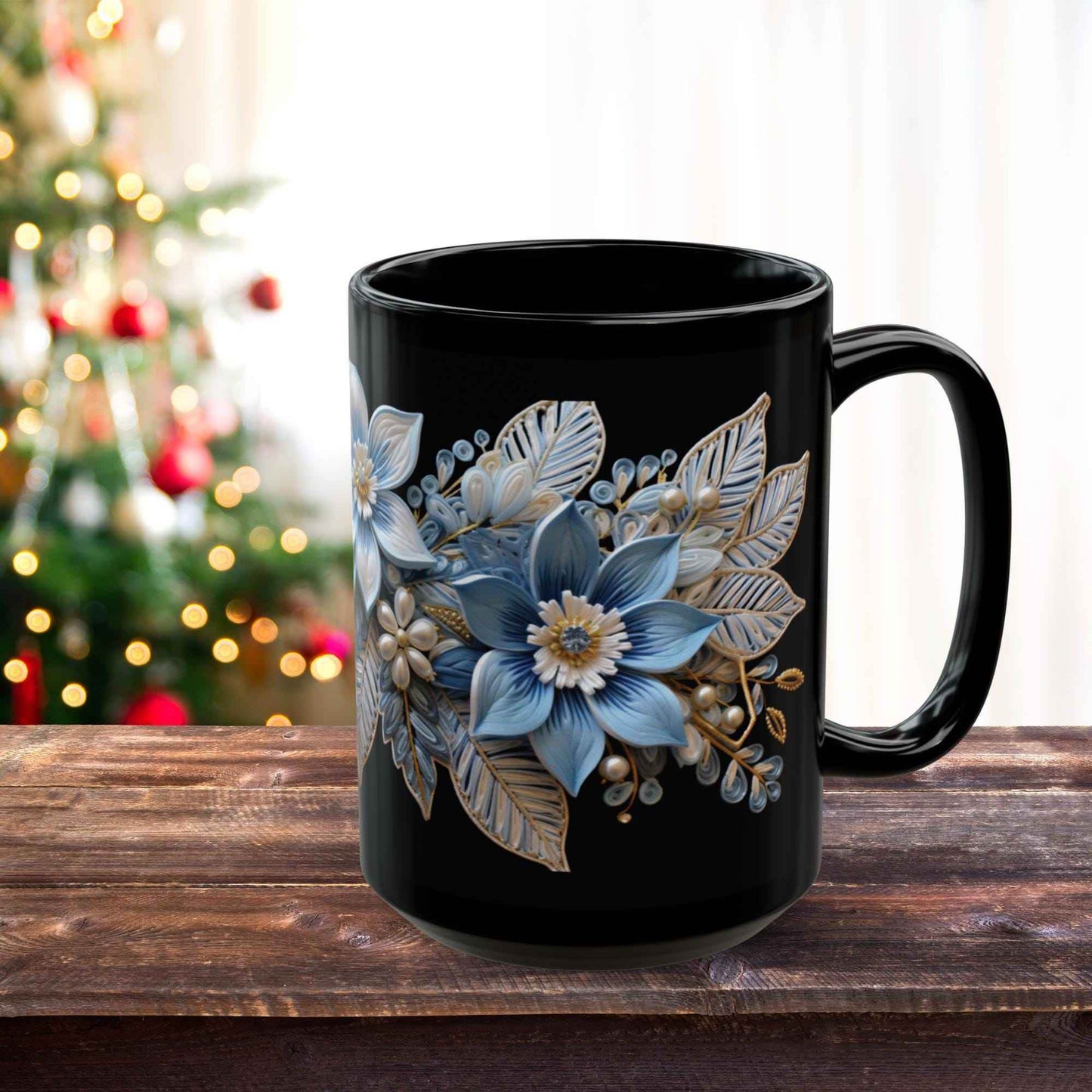 Christmas Ceramic Mug – Pale Blue Poinsettia Design | 11oz Durable Microwave Safe Cup - timelessbohochic.com