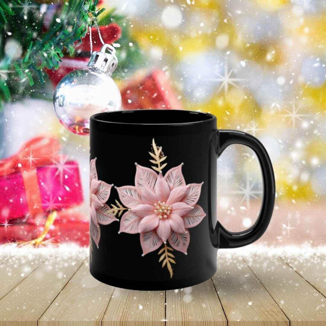 Holiday Ceramic Mug – Pink Poinsettia Glossy Finish Cup | Microwave Safe Gift - timelessbohochic.com