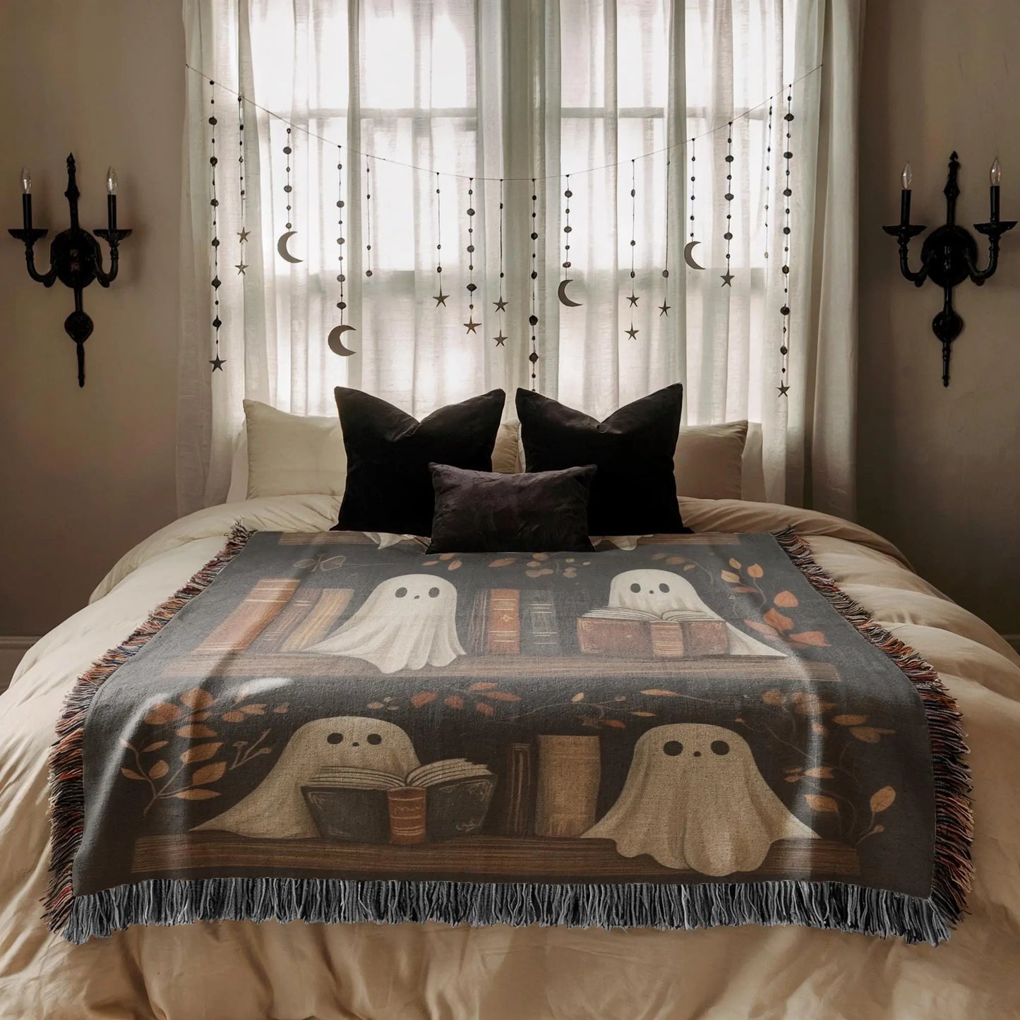 Halloween Woven Blanket – Ghosts on Bookshelf Cozy Sofa Throw with Colorful Fringed Edges