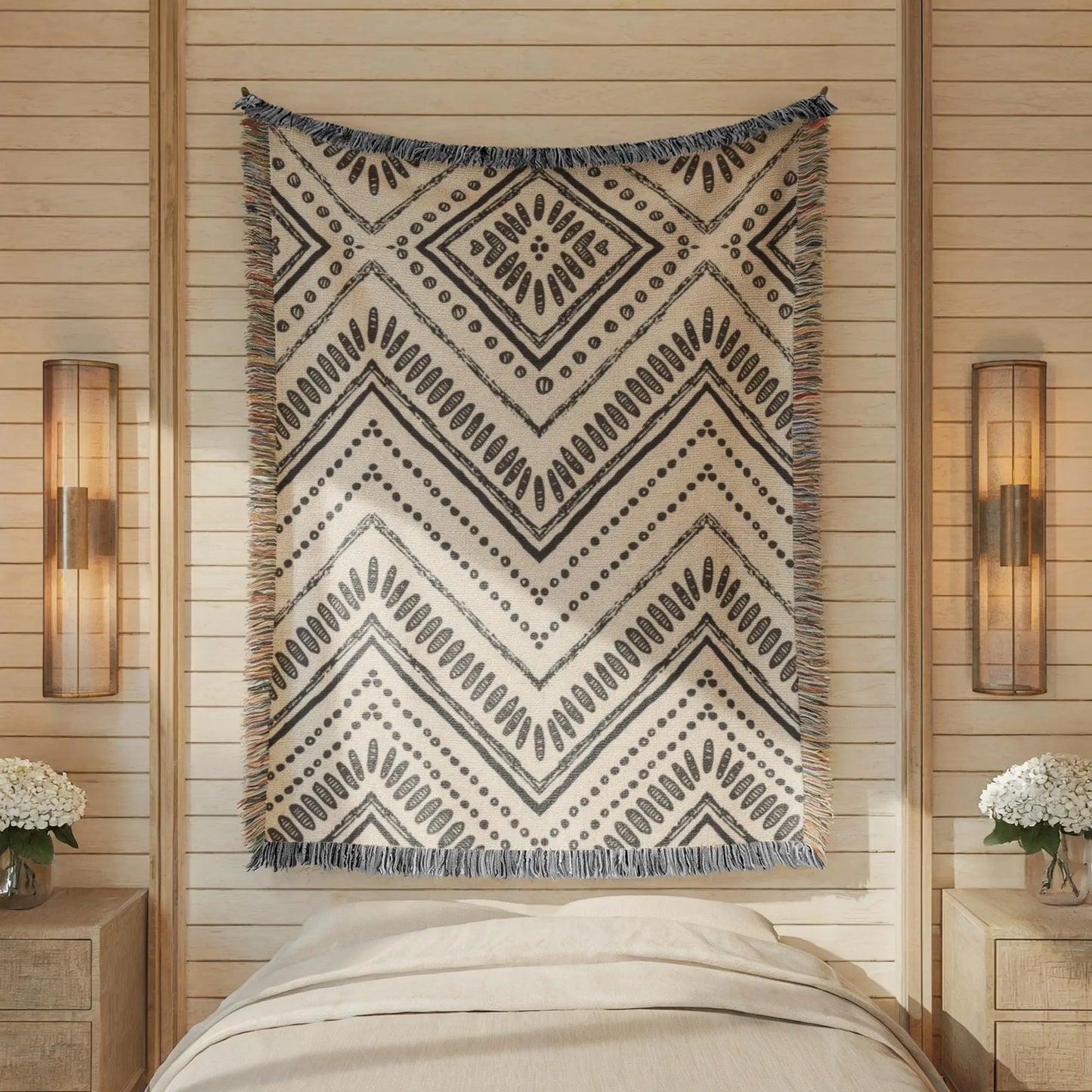 Woven Cotton Throw - Black White Tribal Ikat Blanket | Minimalist Geometric Decor