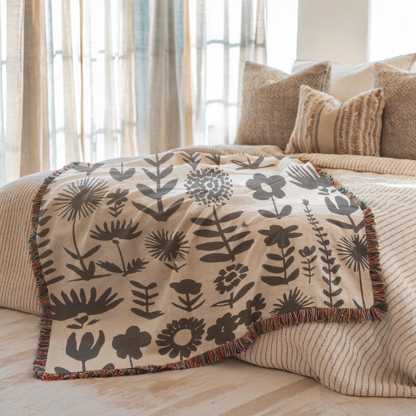 Wildflowers Meadows Blanket - Handmade Woven Throw With Botanical Print, Cozy Cotton