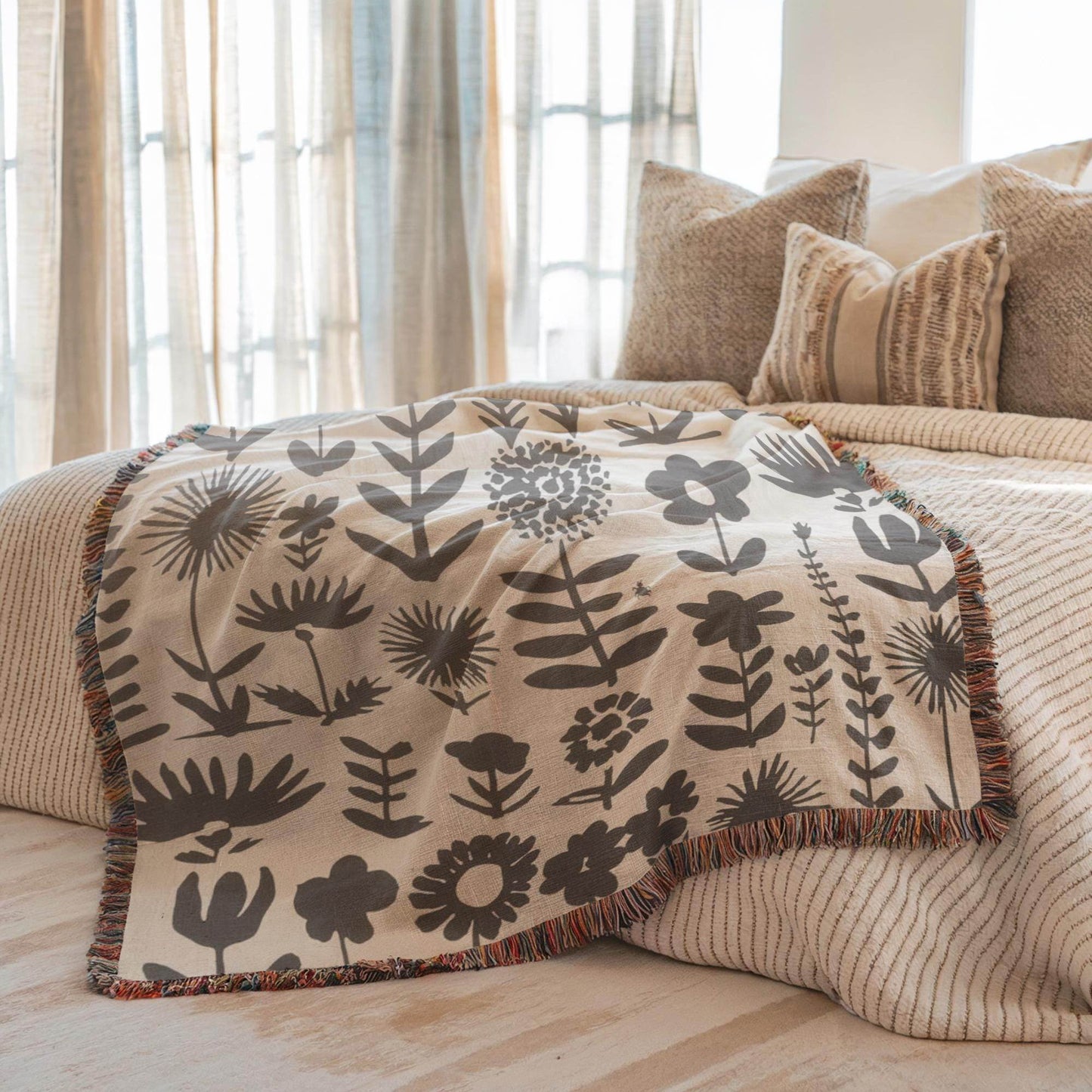 Wildflowers Meadows Blanket - Handmade Woven Throw With Botanical Print, Cozy Cotton - timelessbohochic.com