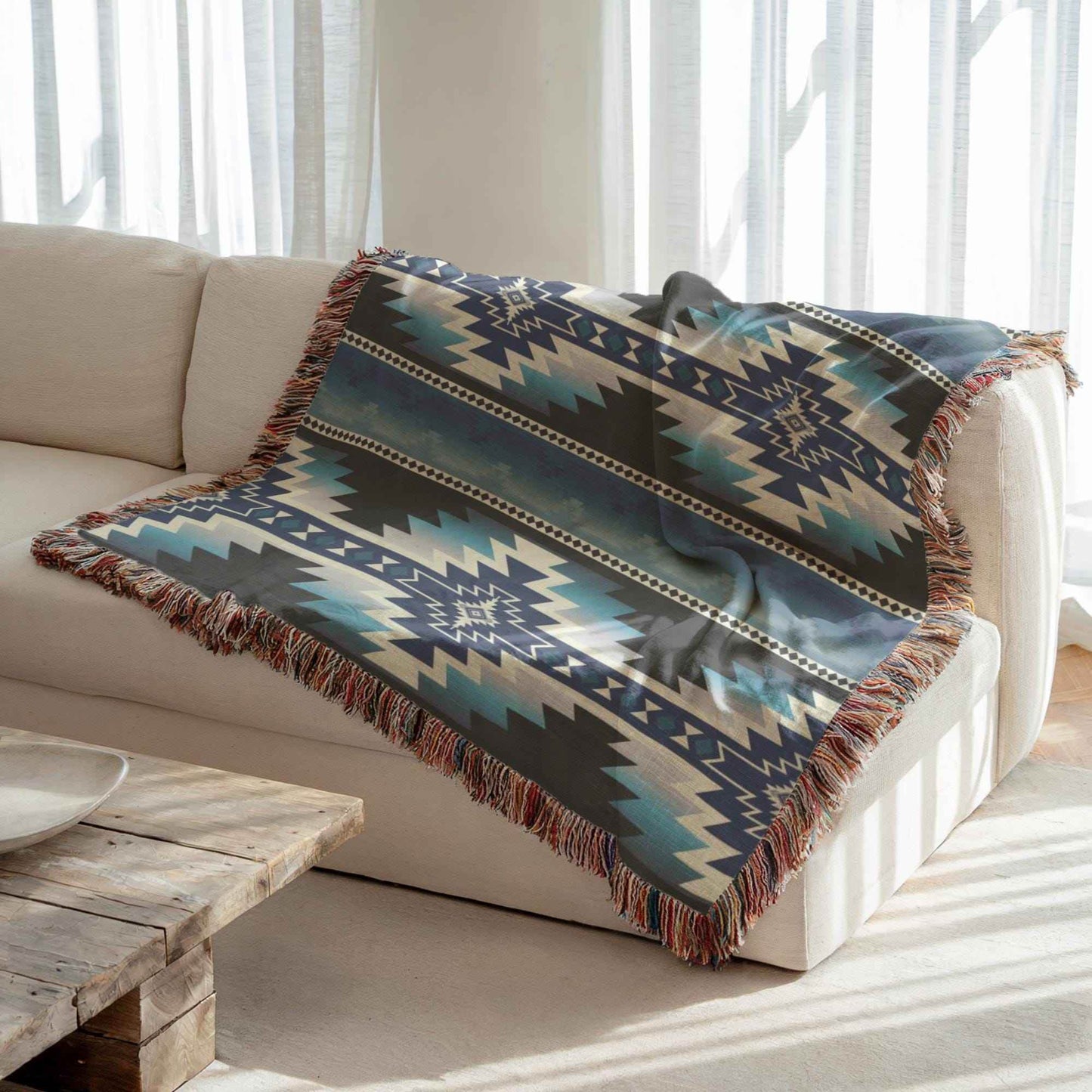 Native American Tribal Blanket - Cozy Cotton Woven Throw with Fringed Edges - timelessbohochic.com