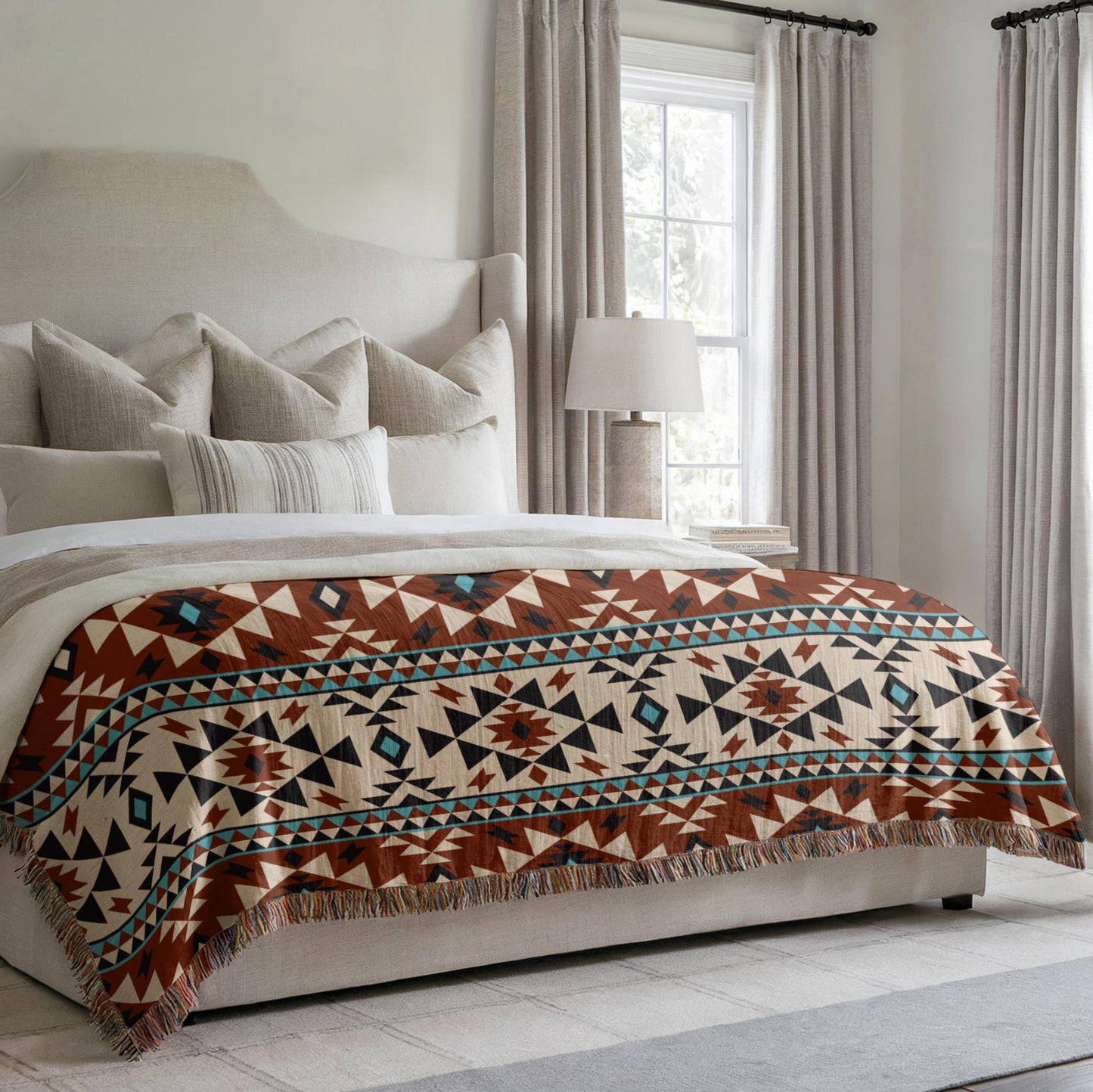 Ikat Throw Blanket – Southwestern Pattern, Cotton Fringed Edge Blanket, Cozy Home Decor