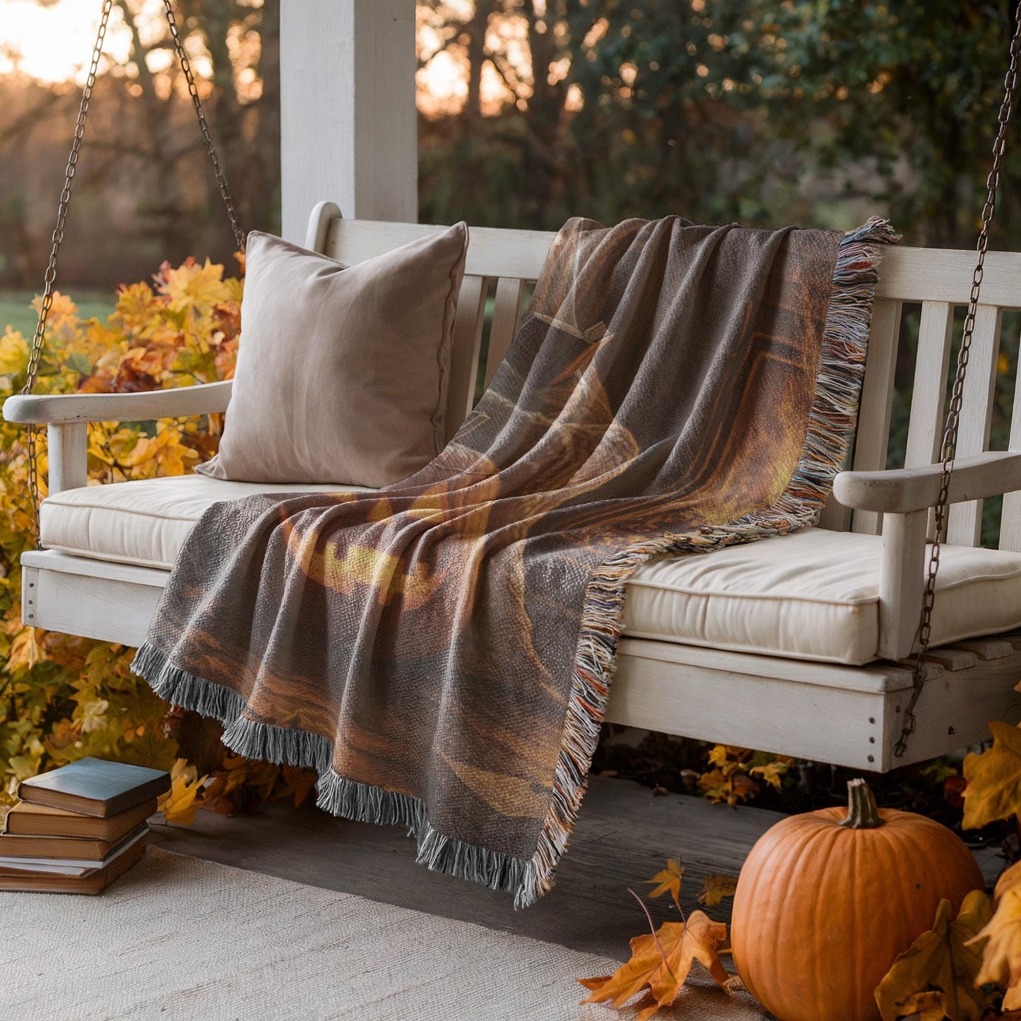 Halloween Throw Blanket - Ghost Cotton Woven Throw with Black Cat Pumpkin Design