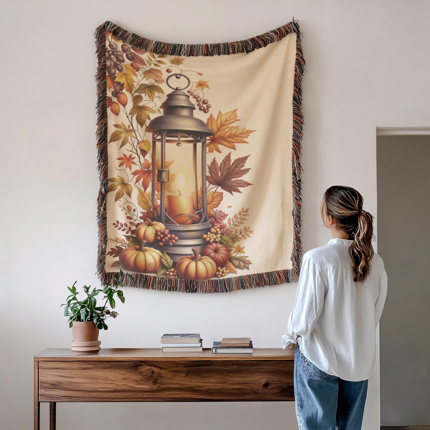 Texture Wall Art - Cozy Rustic Decoration With Pumpkin, Autumn Leaves & Colorful Fringed Edges