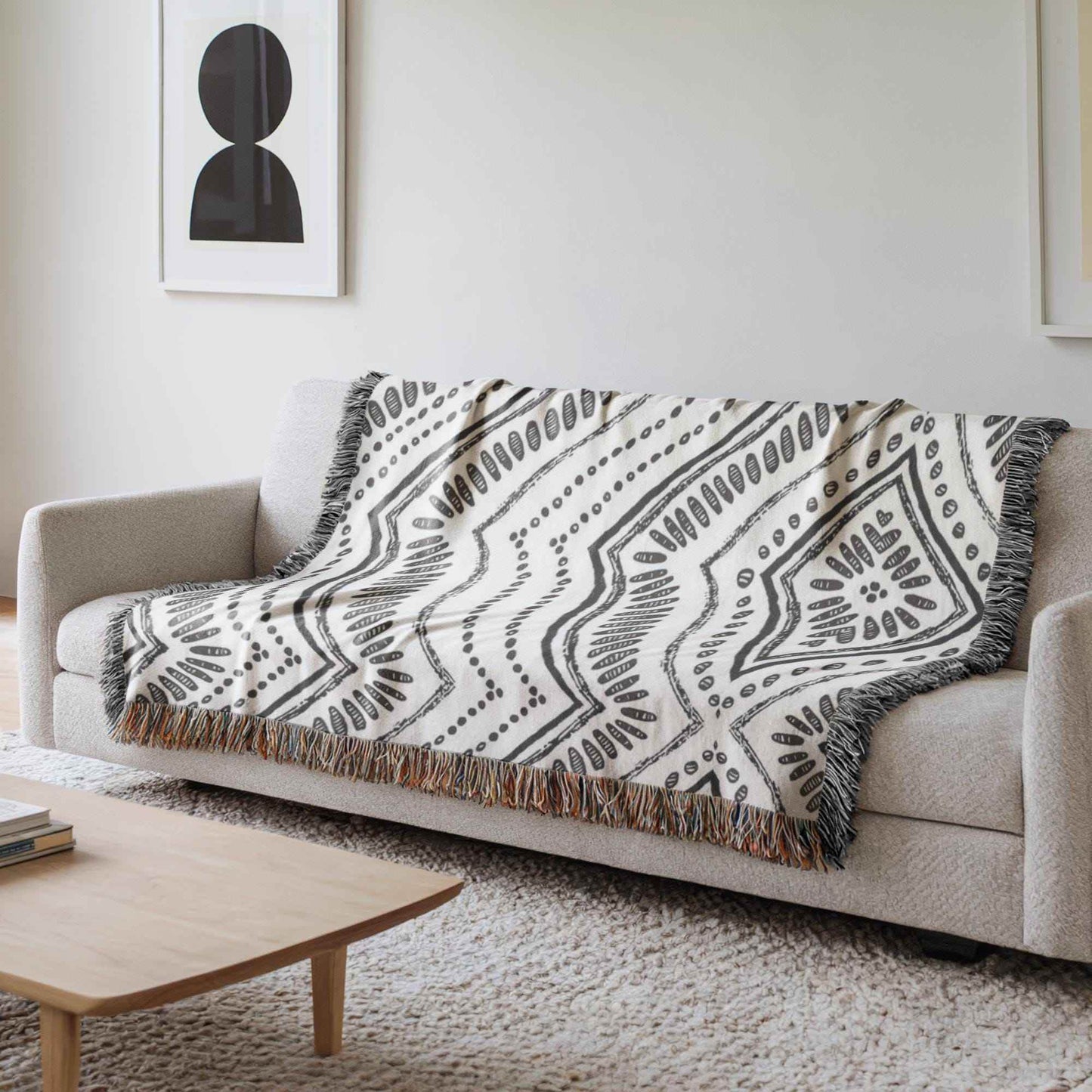 Black White Woven Cotton Blanket - Geometric Ikat Pattern Throw Blanket - timelessbohochic.com