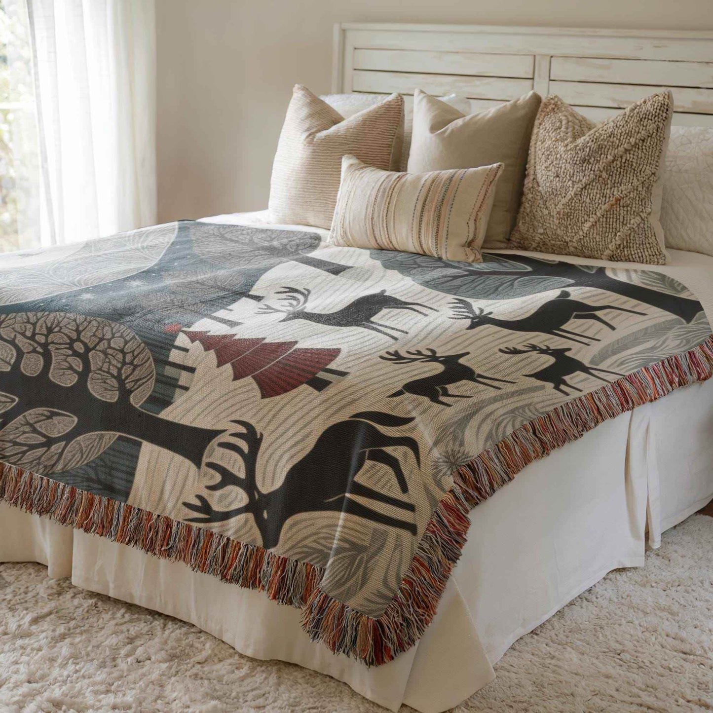 Christmas Bed Throw - Cozy Woven Cotton Blanket With Reindeer Gift - timelessbohochic.com