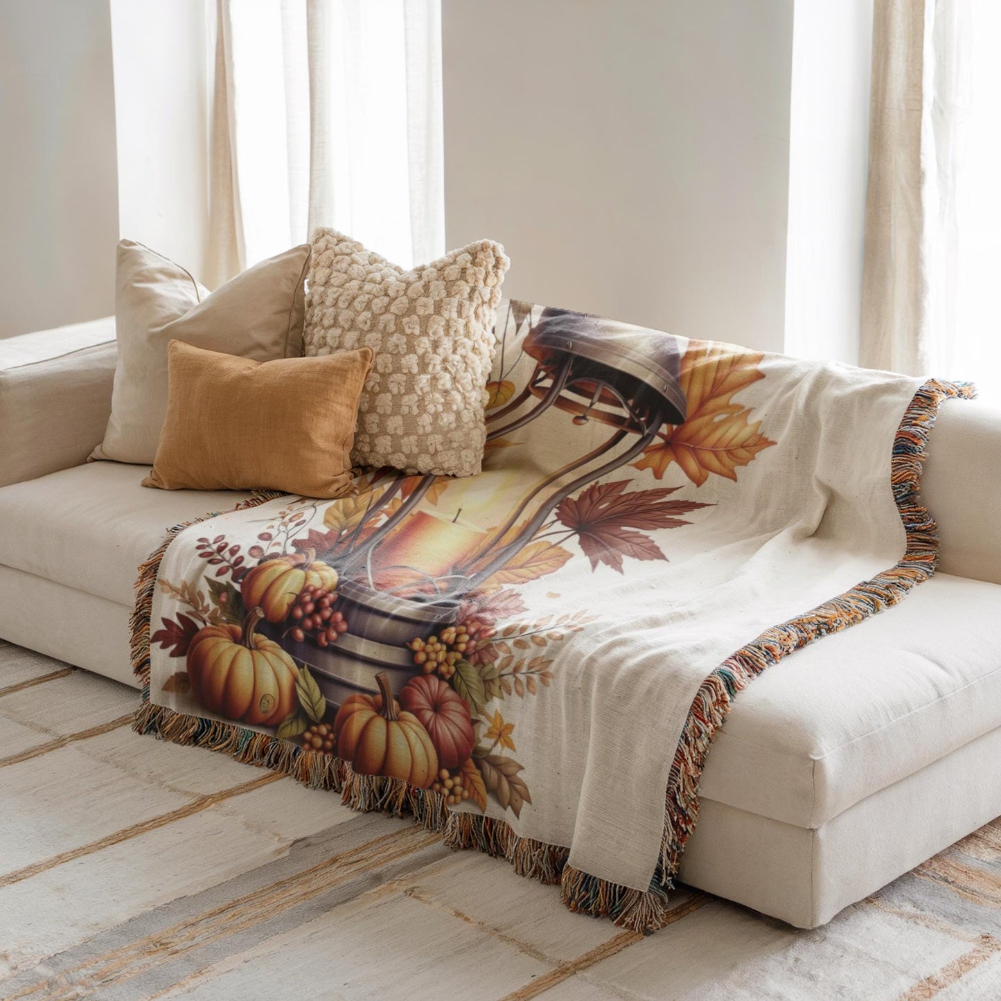 Fall Decor Throw - Cozy Autumn Blanket With Pumpkin & Rustic Farmhouse Style
