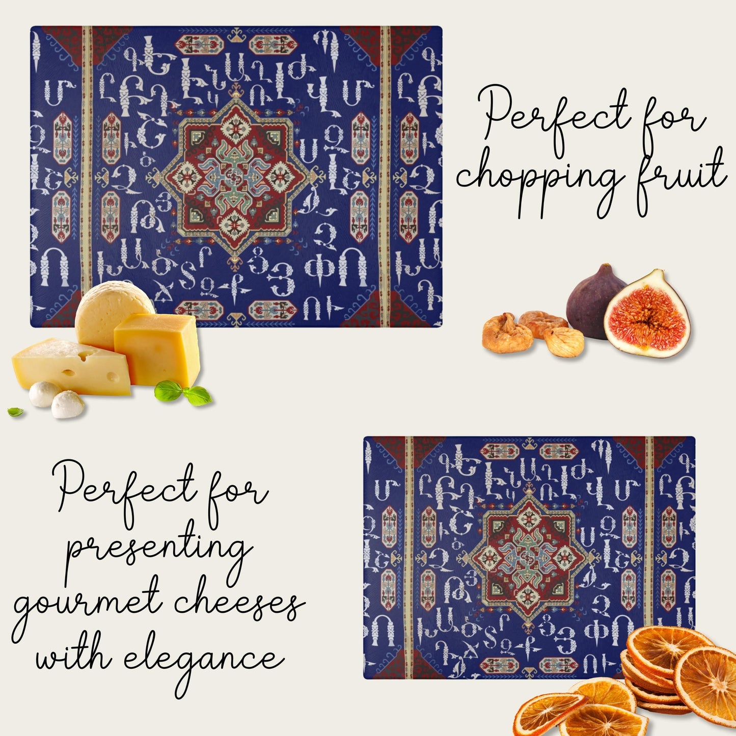Armenian Glass Cutting Board – Blue White Alphabet Kitchen Decor | Tempered Glass, Non Slip