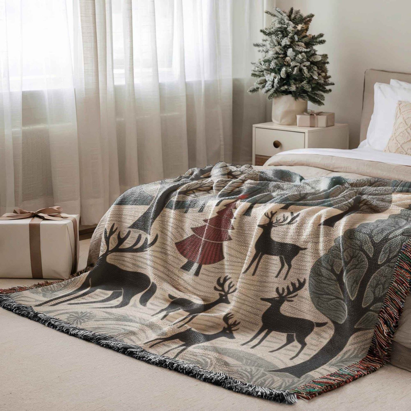 Christmas Bed Throw - Cozy Woven Cotton Blanket With Reindeer Gift - timelessbohochic.com