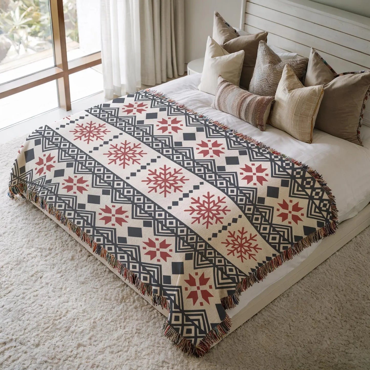 Nordic Snowflake Blanket - Cotton Woven Throw With Red Black Pattern | Cozy Winter Decor