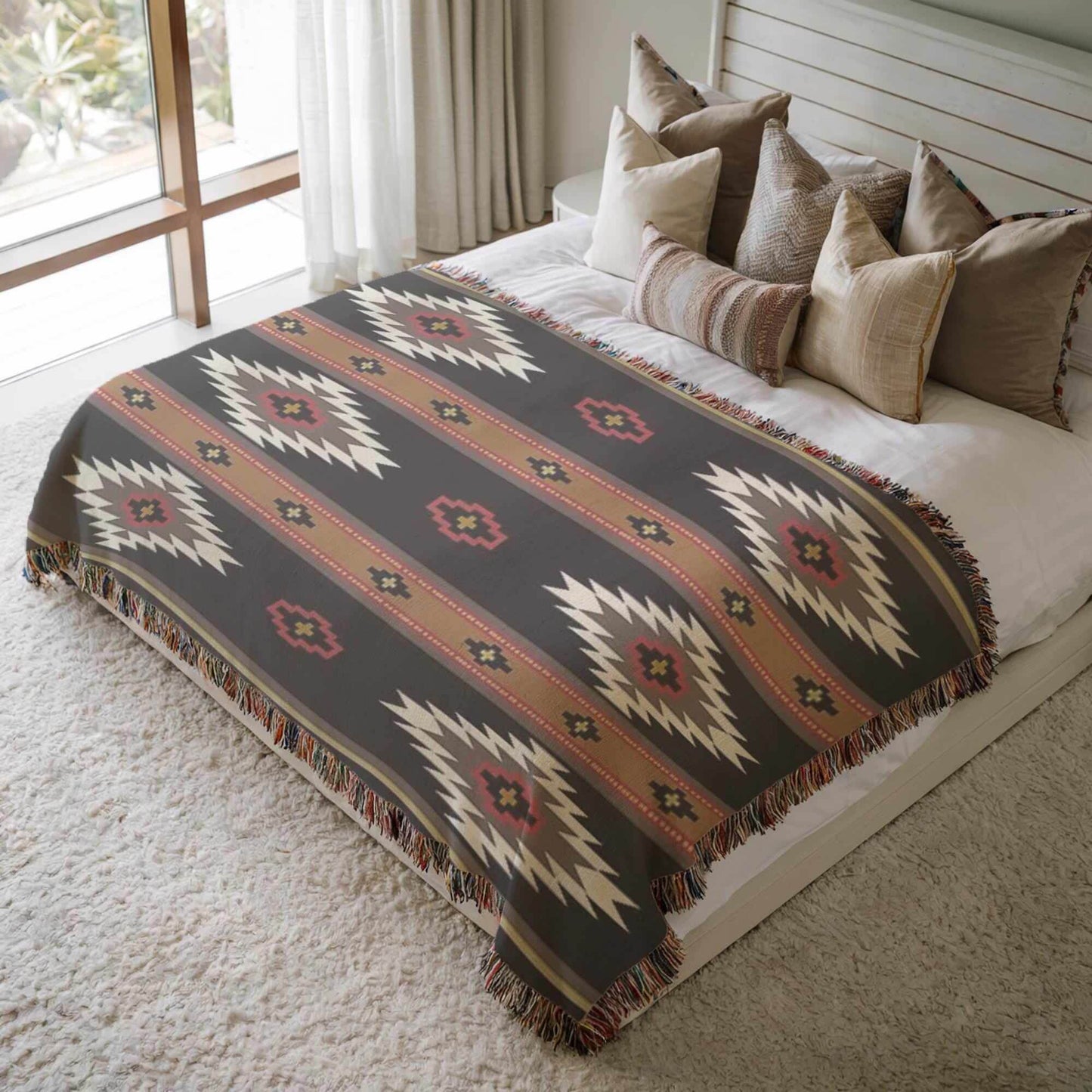 Southwestern Cotton Throw Blanket – Cozy Ikat Design with Fringed Edge - timelessbohochic.com