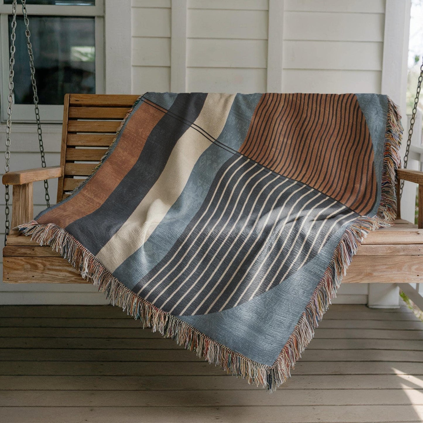Modern Woven Blanket - Blue Rust Brown Cotton Throw With Colorful Fringed Edges