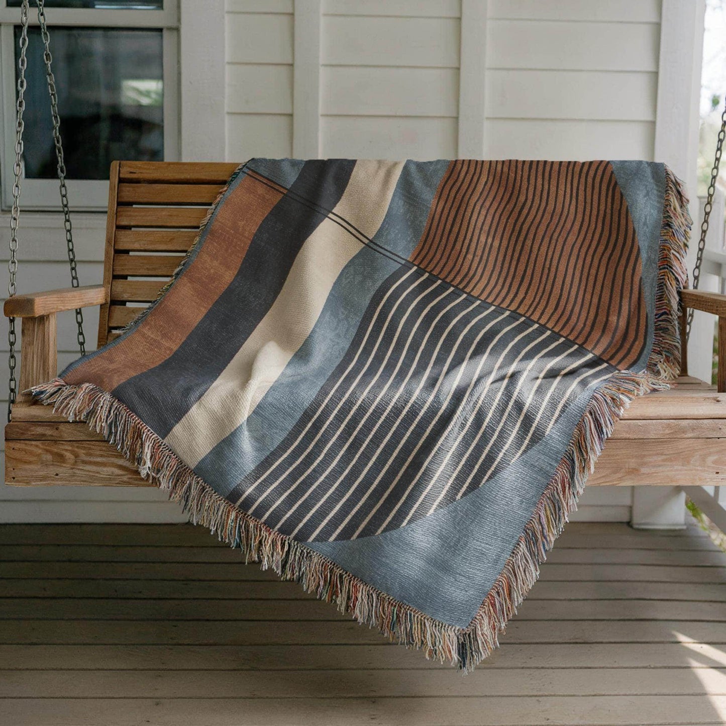 Modern Woven Blanket - Blue Rust Brown Cotton Throw With Colorful Fringed Edges - timelessbohochic.com