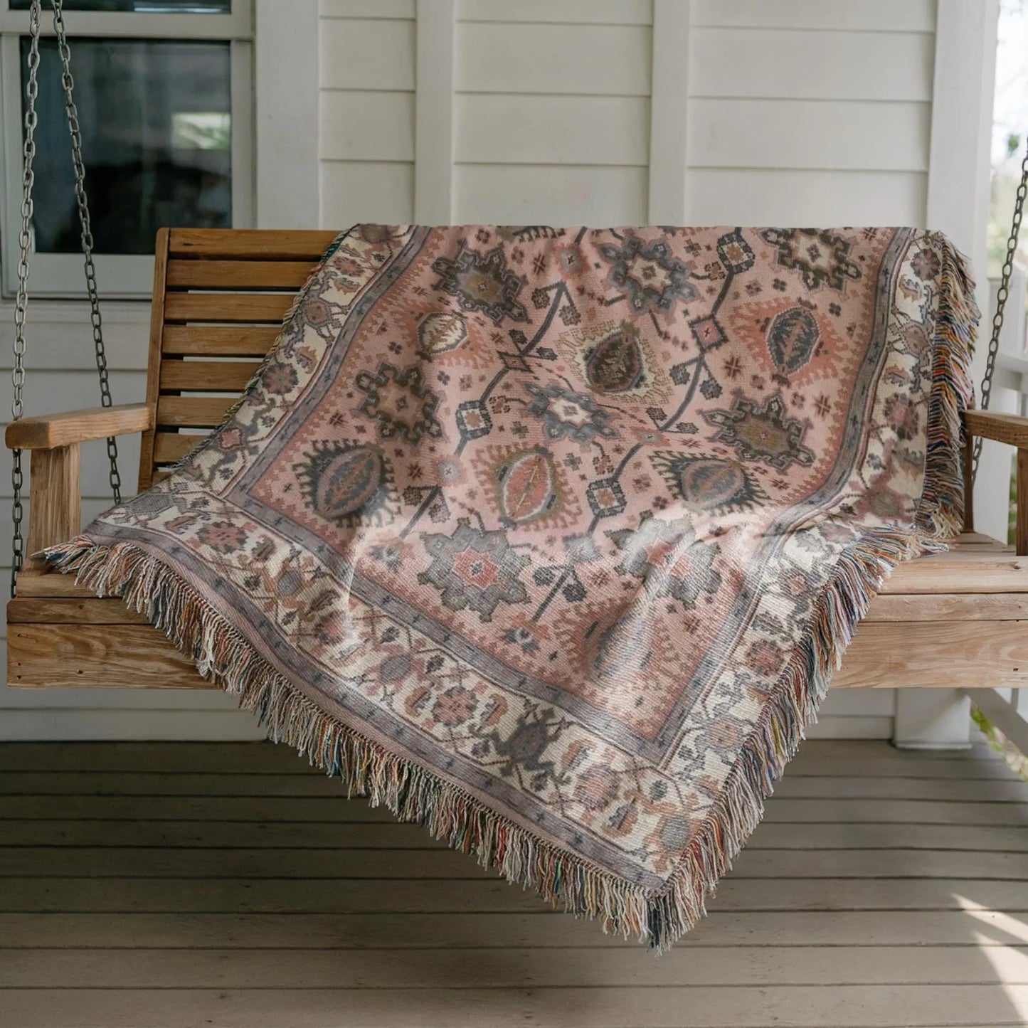 Anatolian Rug Blanket – Boho Decor Throw with Fringed Edge, Cozy Sofa Accent