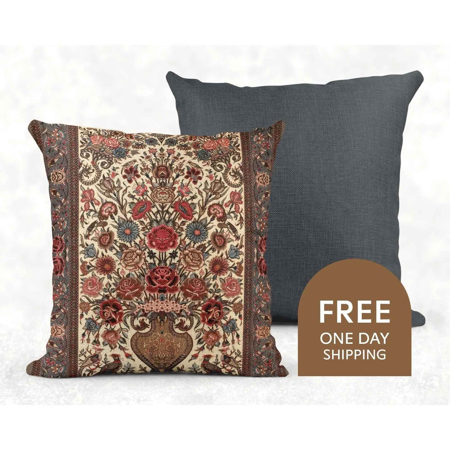 Persian Vase Rose Pillow - Boho Chic Cushion | Floral Throw Pillow, Soft Durable Cushion - timelessbohochic.com