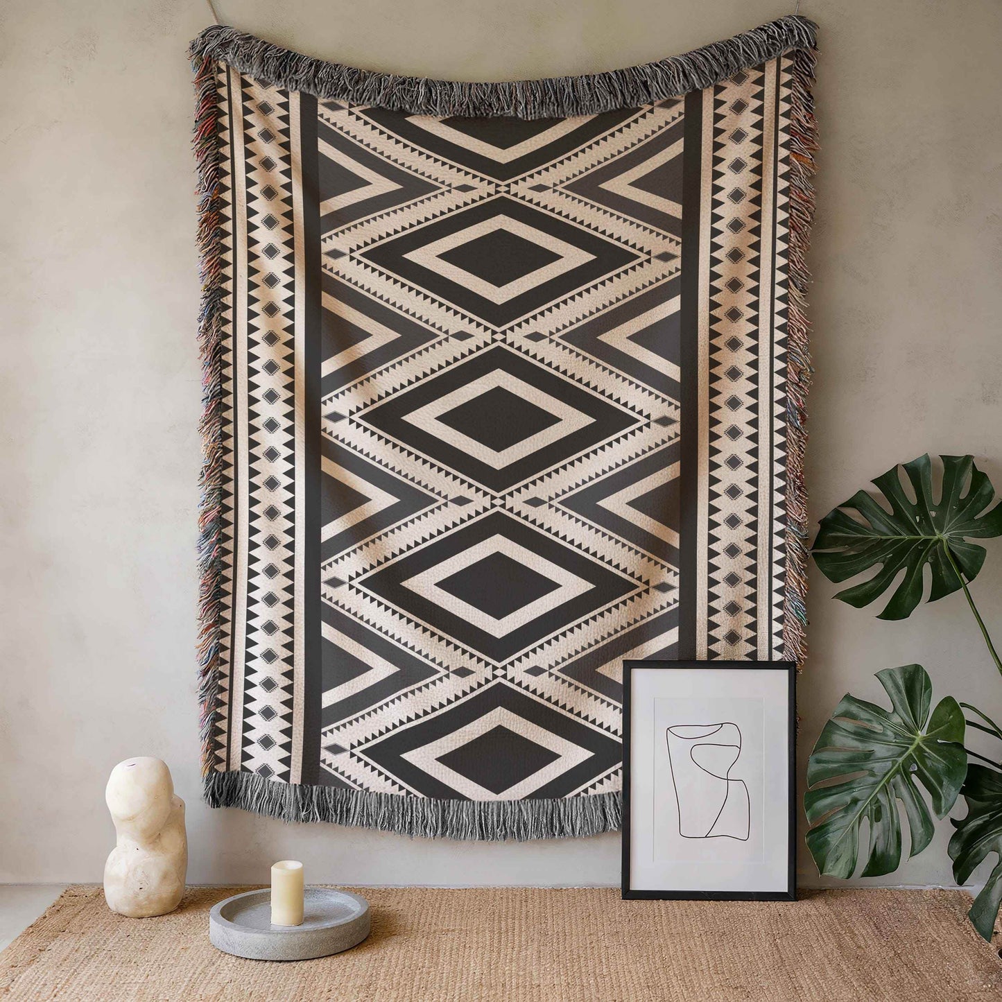 Native American Wall Hanging – Boho Wall Decor With Southwestern Tapestry & Fringed Edge - timelessbohochic.com