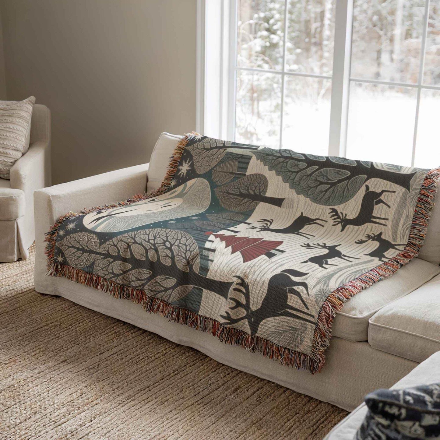 Holiday Couch Cover - Cozy Cotton Throw with Reindeer Blanket | Winter Forest Decor - timelessbohochic.com