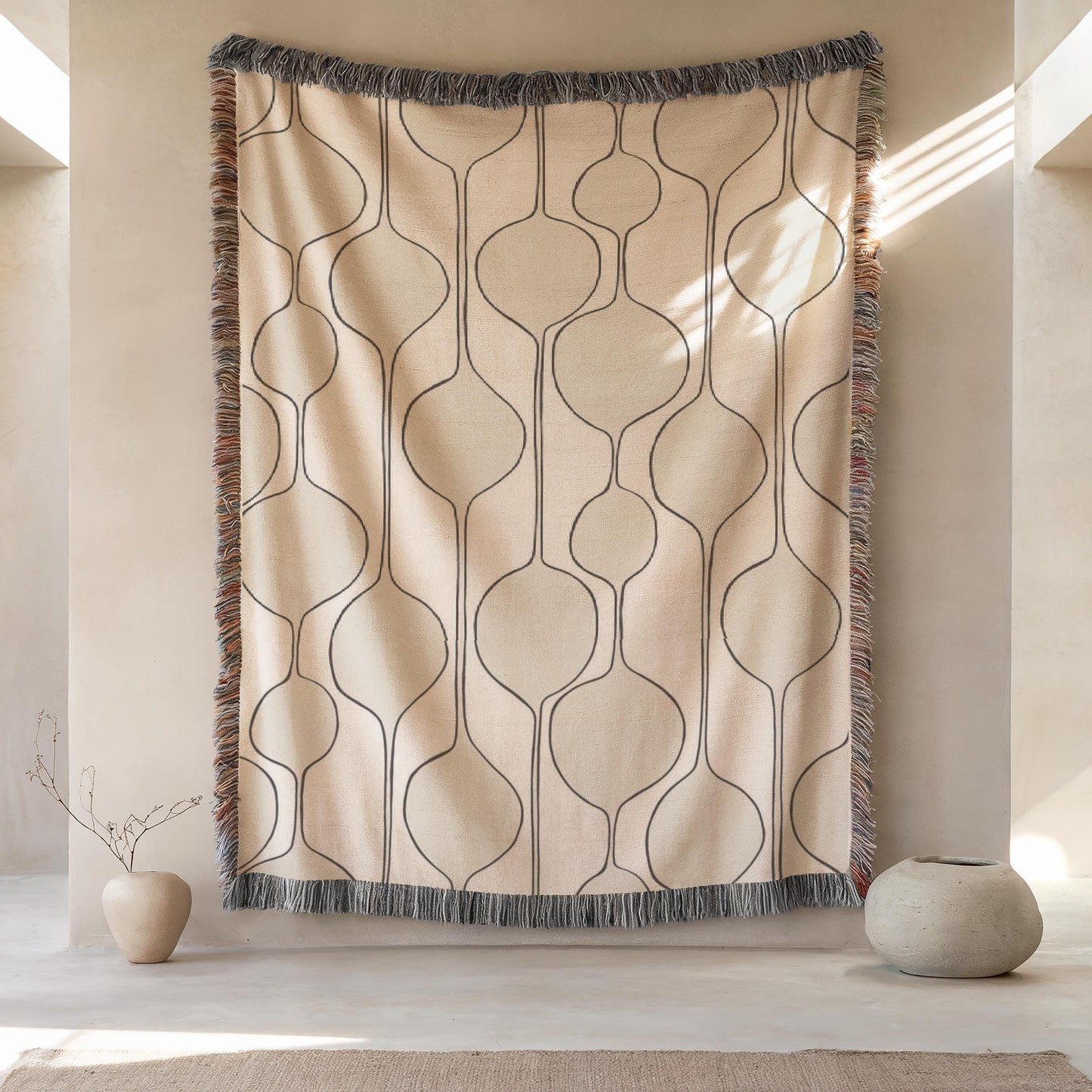 Mid Century Modern Tapestry - Woven Cotton Wall Hanging With Boho Fringed Edges