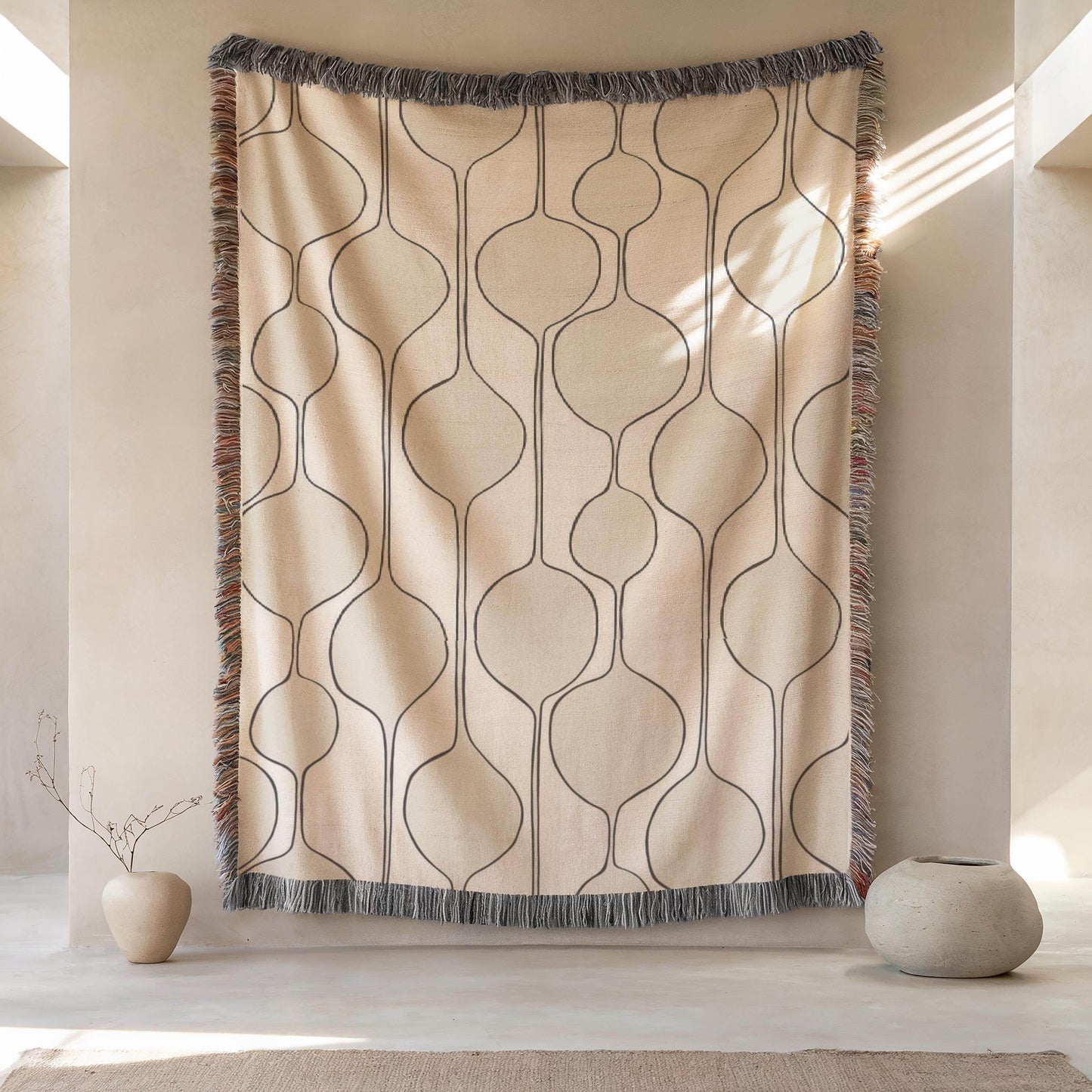 Mid Century Modern Tapestry - Woven Cotton Wall Hanging With Boho Fringed Edges - timelessbohochic.com