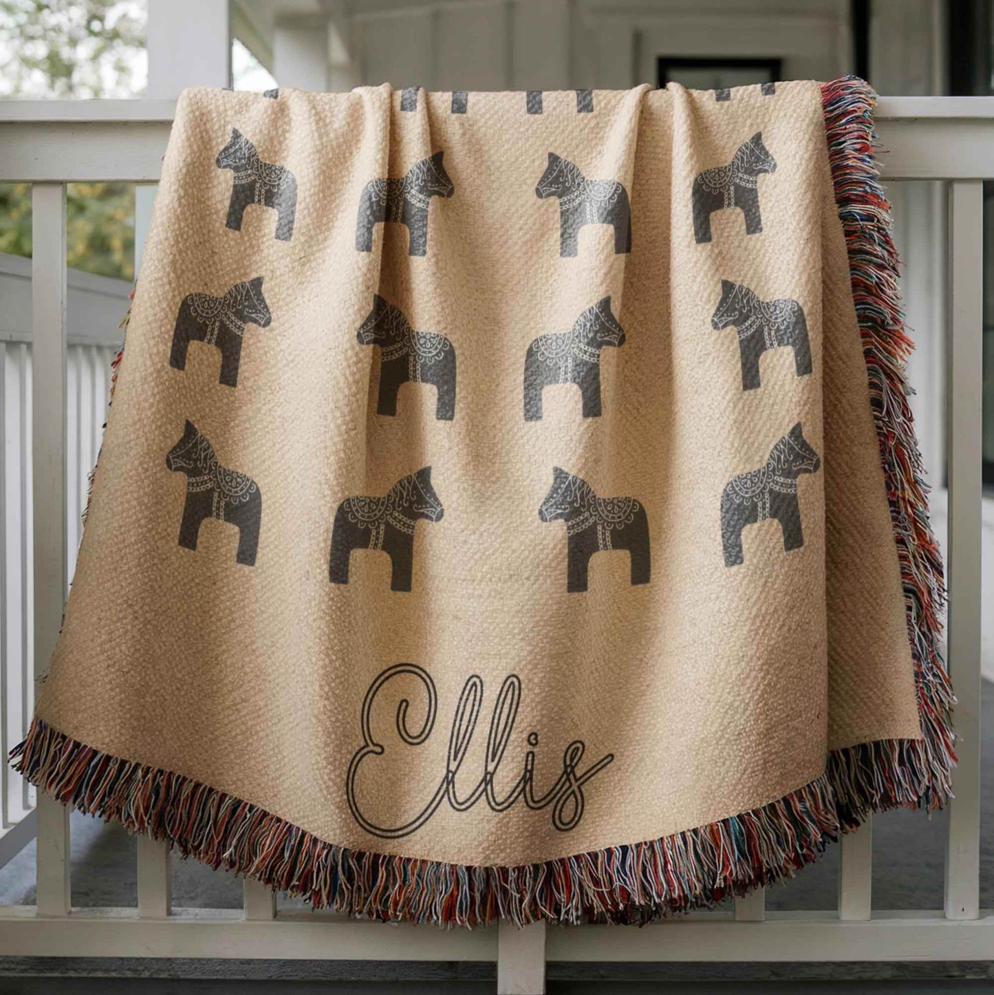 Dala Horse Blanket – Personalized Woven Baby Throw With Colorful Fringed Edges - timelessbohochic.com