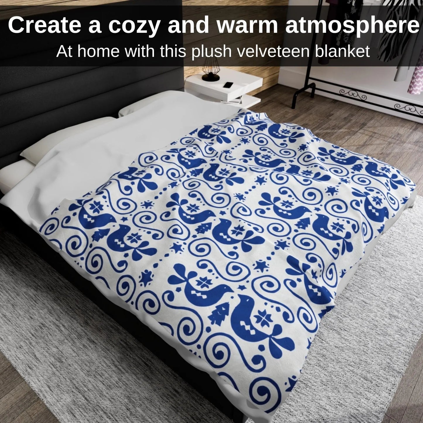 Velveteen Plush Blanket – Scandinavian Blue Bird Throw | Cozy Nordic Decor Gift